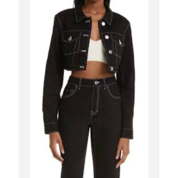 STAUD Truckee Black Cropped Denim Trucker Jacket Women’s Size Small NWT - Picture 1 of 11
